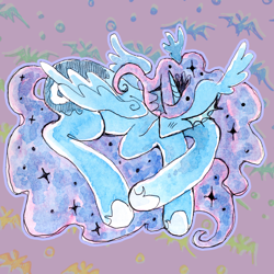 Size: 1280x1280 | Tagged: safe, artist:larvaecandy, derpibooru import, princess luna, alicorn, pony, g4, blue eyes, blue mane, blue sclera, blue tail, colored eyelashes, crown, ears, ethereal mane, ethereal tail, eyes closed, female, floppy ears, flowing mane, flowing tail, folded wings, hoof shoes, horn, jewelry, long ears, long mane, long tail, lying down, mare, mixed media, multicolored background, multicolored mane, multicolored tail, no mouth, outline, patterned background, princess shoes, prone, purple mane, purple tail, rainbow background, regalia, shiny eyelashes, sleeping, solo, sparkles, sparkly mane, sparkly tail, starry mane, starry tail, tail, teal eyelashes, thick eyelashes, tiara, unicorn horn, wavy mane, wavy tail, wings