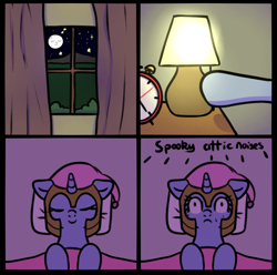 Size: 850x843 | Tagged: safe, artist:neuro, derpibooru import, pony, unicorn, alarm clock, bed, clock, comic, descriptive noise, desk lamp, female, frown, guardsmare, hat, helmet, horn, in bed, indoors, lamp, mare, moon, night, nightcap, pillow, pinpoint eyes, royal guard, sleeping, smiling, solo, window