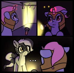 Size: 850x843 | Tagged: safe, artist:neuro, derpibooru import, oc, oc:bandy cyoot, hybrid, pony, raccoon, raccoon pony, unicorn, ..., attic, comic, duo, duo female, ears, female, flashlight (object), floppy ears, guardsmare, hat, helmet, horn, indoors, jojo's bizarre adventure, mare, menacing, nightcap, no dialogue, royal guard, ゴ ゴ ゴ