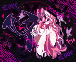 Size: 2048x1680 | Tagged: safe, artist:emoboy130, derpibooru import, oc, oc only, oc:yuriko, butterfly, demon, demon pony, pony, succubus, abstract background, ahoge, bandage, bat wings, black hooves, black sclera, black socks, black tail, black wings, blushing, braid, clothes, collage, colored horns, colored pinnae, colored sclera, colored wings, commission, demon wings, devil tail, eye clipping through hair, eyelashes, eyeshadow, garter belt, garters, heart ahoge, horns, knee blush, long eyelashes, long mane, long tail, makeup, no pupils, outline, pink eyeshadow, pink mane, purple eyes, purple text, raised hoof, raised leg, shiny eyes, shiny mane, signature, smiling, socks, sparkles, spread wings, tail, thigh highs, three quarter view, three toned mane, tied mane, white coat, wings, xoxo