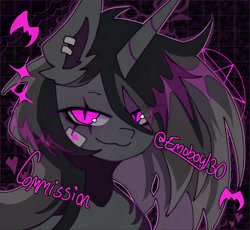 Size: 2048x1884 | Tagged: safe, artist:emoboy130, derpibooru import, oc, oc:lucia, pony, unicorn, :3, abstract background, bandage, bust, chest fluff, colored pinnae, commission, ear fluff, ears, female, gray coat, gray mane, grid background, horn, icon, lidded eyes, long horn, long mane, looking at you, mare, outline, pink eyes, pink text, profile picture, shiny mane, signature, slit eyes, smiling, smiling at you, solo, sparkles, three quarter view, three toned mane, unicorn horn, unicorn oc