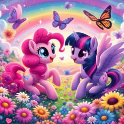 Size: 1024x1024 | Tagged: safe, ai content, derpibooru import, machine learning generated, pinkie pie, twilight sparkle, twilight sparkle (alicorn), alicorn, butterfly, earth pony, g4, duo, duo female, female, flower, nature, outdoors, prompter:bluey2309, rainbow, wrong cutie mark