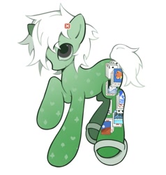 Size: 1144x1200 | Tagged: safe, artist:toycasino, derpibooru import, part of a set, oc, oc only, earth pony, pony, big eyes, brown eyes, cascading cutie mark, coat markings, earth pony oc, eyebrows, eyebrows visible through hair, gradient body, gradient coat, green body, green coat, hair accessory, hairclip, leg markings, mane accessory, profile, raised hoof, raised leg, sandals, short mane, short tail, simple background, smiling, solo, standing on three hooves, tail, unnamed oc, white background, white mane, white tail