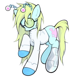 Size: 1200x1200 | Tagged: safe, artist:toycasino, derpibooru import, part of a set, oc, oc only, earth pony, pony, adoptable, adoptable open, amputee, antennae, blue coat, clothes, earth pony oc, for sale, glasses, gloves, green mane, green tail, headband, lab coat, latex, latex gloves, light blue coat, long mane, long tail, mad scientist, no mouth, profile, prosthetic leg, prosthetic limb, prosthetics, raised hoof, raised leg, round glasses, simple background, solo, standing on three hooves, swirly glasses, tail, white background