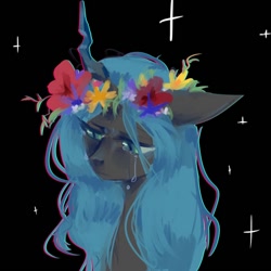 Size: 720x720 | Tagged: safe, artist:saturn cat, derpibooru import, queen chrysalis, changeling, g4, 2019, black background, blue mane, bust, crying, digital art, floral head wreath, flower, gray coat, portrait, sad, simple background, solo