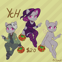 Size: 2500x2500 | Tagged: safe, artist:mr.catfish, derpibooru import, anthro, pony, bracelet, candies, chains, chibi, clothes, collar, commission, costume, dress, fingerless gloves, gloves, halloween, halloween costume, hat, holiday, jewelry, pants, patch, peace sign, pumpkin, pumpkin bucket, socks, stockings, striped socks, thigh highs, torn clothes, torn socks, witch costume, witch hat, your character here