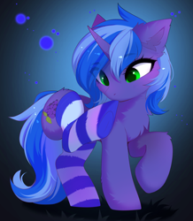 Size: 3189x3663 | Tagged: safe, artist:empress-twilight, derpibooru import, oc, oc only, oc:blueberry simmer, pony, unicorn, biting, blue mane, blue tail, blueberry, blushing, cheek fluff, chest fluff, clothes, commission, ear fluff, ears, eye clipping through hair, eyebrows, eyebrows visible through hair, female, food, green eyes, high res, horn, mare, not luna, pulling, purple coat, raised hoof, raised leg, socks, solo, striped socks, tail, unicorn oc, ych result