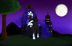 Size: 3900x2500 | Tagged: safe, artist:nismorose, derpibooru import, nightmare moon, alicorn, pony, g4, armor, building, castle, cheek fluff, chest fluff, ear fluff, ears, ethereal mane, ethereal tail, horn, long horn, mlp fim's fourteenth anniversary, moon, night, night sky, outdoors, sharp teeth, sky, slit eyes, solo, starry mane, starry night, starry tail, tail, teeth, tree, window, wings