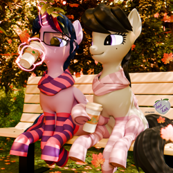 Size: 2048x2048 | Tagged: safe, artist:tavitush, derpibooru import, octavia melody, twilight sparkle, twilight sparkle (alicorn), alicorn, earth pony, pony, g4, 3d, autumn, beauty mark, bench, blender, clothes, coffee, drink, drinking, duo, duo female, female, glasses, leaves, magic, outdoors, park, park bench, scarf, signature, sitting, socks, striped scarf, striped socks, sunset, telekinesis, tree