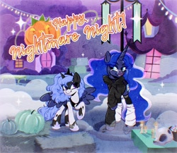 Size: 1280x1111 | Tagged: safe, artist:seurnik, derpibooru import, princess luna, oc, oc:seurnik, alicorn, pony, unicorn, g4, luna eclipsed, clothes, costume, digital art, female, halloween, halloween 2024, halloween costume, holiday, horn, mare, mlp fim's fourteenth anniversary, nightmare night, outdoors