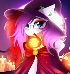 Size: 4087x4307 | Tagged: safe, artist:2pandita, derpibooru import, oc, oc only, pony, candle, hat, moon, mouth hold, night, outdoors, pumpkin bucket, solo, witch hat