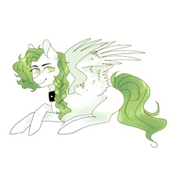 Size: 768x768 | Tagged: safe, artist:saturn cat, derpibooru import, oc, oc only, pegasus, pony, 2018, digital art, green mane, green tail, lying down, pegasus oc, prone, simple background, smiling, solo, spread wings, tail, white background, white coat, wings