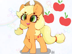 Size: 4000x3000 | Tagged: safe, artist:zokkili, derpibooru import, applejack, earth pony, pony, g4, applejack's hat, beanbrows, clothes, cowboy hat, cute, cutie mark background, ear fluff, ears, eyebrows, eyebrows visible through hair, female, hat, high res, jackabetes, mare, open mouth, open smile, raised hoof, raised leg, signature, smiling, solo, stars, tail