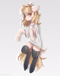 Size: 1728x2160 | Tagged: safe, artist:saturn cat, derpibooru import, oc, oc only, earth pony, pony, 2021, blonde, blonde mane, clothes, digital art, full body, gray background, orange eyes, shirt, simple background, socks, solo, thigh highs