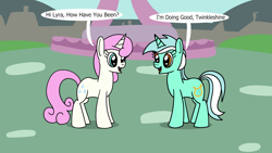 Size: 1920x1080 | Tagged: safe, artist:platinumdrop, derpibooru import, lyra heartstrings, twinkleshine, pony, unicorn, g4, commission, dialogue, duo, happy, horn, smiling, speech bubble, standing, talking