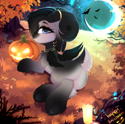 Size: 3395x3380 | Tagged: safe, artist:empress-twilight, derpibooru import, oc, oc only, oc:misty, goat, candle, commission, halloween, holiday, jack-o-lantern, moon, non-pony oc, pumpkin, solo, tree, winged goat, ych result