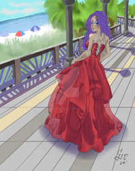 Size: 827x1046 | Tagged: safe, artist:tenshihoshino, derpibooru import, rarity, human, beach, beach umbrella, bedroom eyes, boardwalk, clothes, deviantart watermark, dress, eyeshadow, female, gown, humanized, makeup, obtrusive watermark, ocean, sand, solo, water, watermark