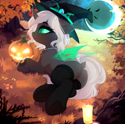 Size: 3395x3381 | Tagged: safe, artist:empress-twilight, derpibooru import, oc, oc only, oc:kitu elder, changeling, candle, changeling oc, commission, halloween, hat, holiday, jack-o-lantern, leaves, moon, pumpkin, solo, tree, witch hat, ych result