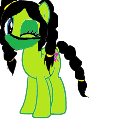 Size: 873x916 | Tagged: artist needed, source needed, safe, derpibooru import, earth pony, pony, black hair, blue eyes, ears up, eyelashes, face mask, female, hairband, jade (mortal kombat), looking at you, mare, mask, mortal kombat, one eye closed, ponified, quadrupedal, simple background, solo, species swap, standing, white background, wink, winking at you