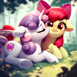 Size: 4096x4096 | Tagged: safe, ai content, derpibooru import, generator:pony diffusion v6 xl, generator:stable diffusion, machine learning generated, apple bloom, sweetie belle, earth pony, pony, unicorn, g4, adorabloom, blushing, cute, diasweetes, duo, duo female, female, filly, foal, horn, kiss on the cheek, kissing, lesbian, ship:sweetiebloom, shipping