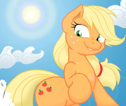 Size: 918x776 | Tagged: safe, artist:joey darkmeat, artist:starbolt-81, derpibooru import, applejack, pony, g4, cloud, day, eyelashes, female, lens flare, mare, sky, solo, sun