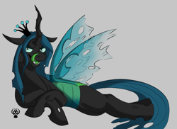 Size: 2400x1743 | Tagged: safe, artist:vendette, derpibooru import, queen chrysalis, changeling, changeling queen, g4, female, green tongue, insect wings, lidded eyes, long tongue, looking at you, lying down, mare, sharp teeth, simple background, spread wings, teeth, tongue, tongue out, wings