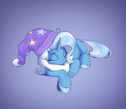 Size: 2429x2102 | Tagged: safe, artist:aquaticvibes, derpibooru import, trixie, pony, unicorn, g4, cute, diatrixes, eyes closed, female, gradient background, hat, high res, horn, mare, nightcap, pillow, sleeping, solo