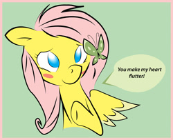 Size: 1230x1000 | Tagged: safe, artist:mrquallzin, artist:swiftcutter, derpibooru import, fluttershy, pegasus, pony, g4, blush sticker, blushing, butterfly hairpin, cute, dialogue, female, green background, hair ornament, mare, no pupils, shyabetes, simple background, solo, speech bubble, text