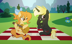 Size: 4593x2813 | Tagged: safe, artist:darbypop1, derpibooru import, oc, oc only, oc:honey wa, oc:jesse lovejoy, earth pony, pony, unicorn, female, guitar, horn, male, mare, musical instrument, stallion