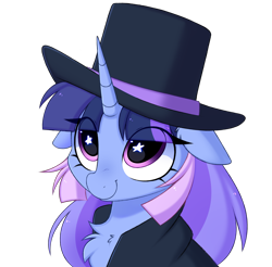 Size: 2948x2902 | Tagged: safe, artist:pesty_skillengton, derpibooru import, oc, oc only, oc:flawless sparklemoon, pony, unicorn, bust, ears, female, floppy ears, fusion, fusion:trixie, fusion:twilight sparkle, fusion:twixie, hat, horn, mare, my little pony the movie: the death of twilight sparkle, simple background, solo, starry eyes, transparent background, wingding eyes