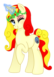 Size: 400x570 | Tagged: safe, artist:aya yai, derpibooru import, oc, oc only, oc:miss libussa, pony, unicorn, g4, czequestria, female, female oc, glowing, glowing horn, horn, leaves, leaves in hair, looking at you, mare oc, one eye closed, pony oc, raised hoof, raised leg, simple background, solo, transparent background, unicorn oc, wink, winking at you