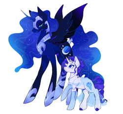 Size: 1280x1185 | Tagged: safe, artist:fhroggy, derpibooru import, nightmare moon, princess luna, rarity, alicorn, pony, unicorn, alternate hairstyle, alternate timeline, clothes, duo, ear piercing, earring, female, height difference, horn, jewelry, lesbian, mare, necklace, night maid rarity, nightmare takeover timeline, piercing, regalia, see-through, see-through skirt, ship:rariluna, shipping, simple background, skirt, slit eyes, socks, tail, tail wrap, transparent background