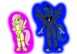 Size: 1414x1000 | Tagged: safe, artist:zetikoopa, derpibooru import, fluttershy, princess luna, alicorn, pegasus, g4, animatronic, animatronic pony, duo, duo female, female, five nights at freddy's, mare, simple background, transparent background