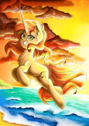 Size: 2893x4092 | Tagged: safe, artist:natanvok, derpibooru import, oc, pony, unicorn, beach, cloud, crepuscular rays, female, horn, mare, not sunset shimmer, ocean, pi, seashore, smiling, solo, sunlight, water