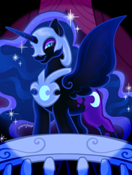 Size: 1800x2400 | Tagged: safe, artist:sparkytopia, derpibooru import, nightmare moon, alicorn, pony, g4, armor, black coat, blue mane, eyeshadow, female, flowing hair, indoors, looking at you, makeup, mare, mlp fim's fourteenth anniversary, solo, spotlight, spread wings, summer sun celebration, wings