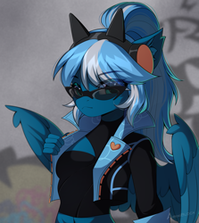 Size: 1755x1968 | Tagged: safe, artist:airiniblock, derpibooru import, oc, oc:vivid tone, anthro, pegasus, anthro oc, clothes, ear fluff, ears, glasses, headphones, jacket, pegasus oc, solo, wings