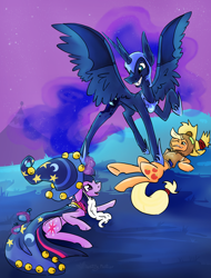 Size: 1988x2616 | Tagged: safe, alternate version, artist:destiny_manticor, derpibooru import, applejack, princess luna, twilight sparkle, unicorn twilight, alicorn, earth pony, pony, unicorn, g4, cape, clothes, commission, cosplay, costume, ethereal mane, ethereal tail, evil smile, fake fangs, fangs, female, hat, helmet, horn, jewelry, looking at each other, looking at someone, lying down, magic, mare, mlp fim's fourteenth anniversary, night, night sky, nightmare moon costume, nightmare night, nightmare night costume, open mouth, open smile, playing, ponyville, prone, regalia, roleplay, scarecrow, sky, smiling, spread wings, star swirl the bearded costume, stepped on, tail, telekinesis, trio, twilight the bearded, water balloon, wings