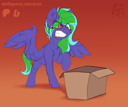 Size: 1600x1338 | Tagged: safe, artist:airfly-pony, derpibooru import, oc, oc:weldbead, pegasus, 2021, angry, box, female, patreon, patreon reward, raised hoof, raised leg, spread wings, wings