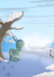 Size: 1024x1448 | Tagged: safe, artist:dusk-spark, derpibooru import, lyra heartstrings, pony, unicorn, fanfic:no place like home, g4, fanfic art, hoofprints, horn, scenery, snow, solo, tree