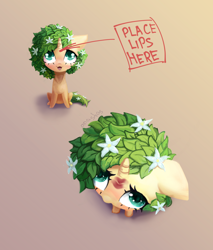 Size: 4000x4700 | Tagged: safe, artist:anastas, derpibooru import, oc, oc only, pony, unicorn, blushing, chibi, commission, cute, ears, eyelashes, female, floppy ears, flower, flower in hair, gradient background, horn, kiss mark, leaves, leaves in hair, lipstick, mare, open mouth, solo, sternocleidomastoid, text, ych result