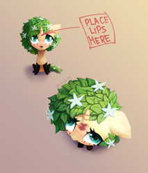 Size: 4000x4700 | Tagged: safe, alternate version, artist:anastas, derpibooru import, oc, oc only, pony, unicorn, blushing, chibi, clothes, commission, cute, ears, eyelashes, female, floppy ears, flower, flower in hair, gradient background, horn, kiss mark, leaves, leaves in hair, lipstick, mare, open mouth, socks, solo, sternocleidomastoid, stockings, text, thigh highs, ych result