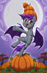 Size: 1639x2500 | Tagged: safe, artist:stoic5, derpibooru import, oc, oc only, oc:anna umbra, bat pony, female, happy, mare, moon, night, outdoors, pumpkin, solo