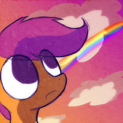 Size: 500x500 | Tagged: safe, artist:missbutlerart, derpibooru import, scootaloo, pegasus, pony, g4, eye clipping through hair, female, filly, foal, frown, rainbow, solo