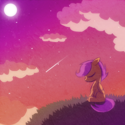 Size: 500x500 | Tagged: safe, artist:missbutlerart, derpibooru import, scootaloo, pegasus, pony, g4, eyes closed, female, filly, foal, full moon, moon, sad, shooting star, sitting, solo