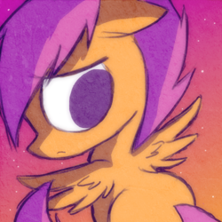 Size: 500x500 | Tagged: safe, artist:missbutlerart, derpibooru import, scootaloo, pegasus, pony, g4, ears, female, filly, floppy ears, foal, looking back, sad, solo, spread wings, wings