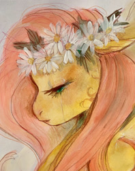 Size: 1707x2159 | Tagged: safe, artist:swollenbabyfat, derpibooru import, fluttershy, pegasus, pony, g4, crying, failgirl fluttershy, female, floral head wreath, flower, mare, solo