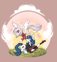 Size: 2927x3184 | Tagged: safe, derpibooru import, oc, oc only, butterfly, pegasus, pony, unicorn, commission open, cvpid13, guitar, height difference, horn, interracial, looking at each other, looking at someone, musical instrument, oc x oc, patreon, pegasus oc, shipping, unicorn oc, wholesome