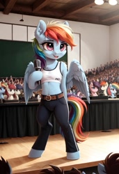 Size: 800x1169 | Tagged: safe, ai content, derpibooru import, generator:pony diffusion v6 xl, generator:stable diffusion, machine learning generated, rainbow dash, pegasus, pony, semi-anthro, g4, 8 mile, belly, belly button, belt, bipedal, clothes, crowd, female, indoors, mare, microphone, pants, prompter:gregorymars, rap battle, solo, sports bra, spread wings, stage, standing, wings