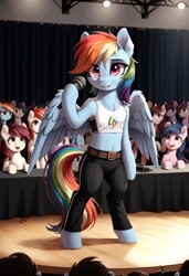 Size: 800x1169 | Tagged: safe, ai content, derpibooru import, generator:pony diffusion v6 xl, generator:stable diffusion, machine learning generated, rainbow dash, pegasus, pony, semi-anthro, g4, 8 mile, belly, belly button, belt, bipedal, clothes, crowd, female, indoors, mare, microphone, pants, prompter:gregorymars, rap battle, solo, sports bra, spread wings, stage, standing, wings