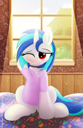 Size: 2401x3700 | Tagged: safe, artist:rainbowšpekgs, derpibooru import, dj pon-3, vinyl scratch, pony, unicorn, g4, bed, blushing, choker, clothes, horn, morning, morning ponies, on bed, one eye closed, shirt, sleepy, smiling, stretching, t-shirt, window, wrong eye color